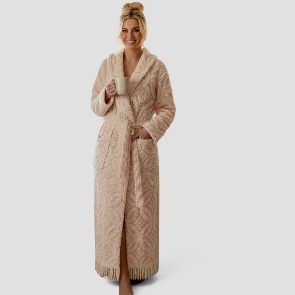 Pink Vintage Chenille Fringe Robe Geometric Tufted Long Loungewear Pockets